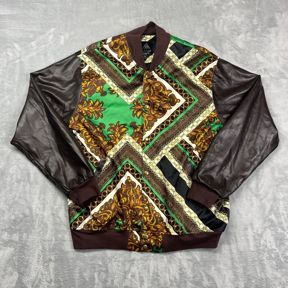 FLAUCY Bomber Jacket Mens XL Multi Baroque‎ Pattern Faux Leather Sleeve Snap USA